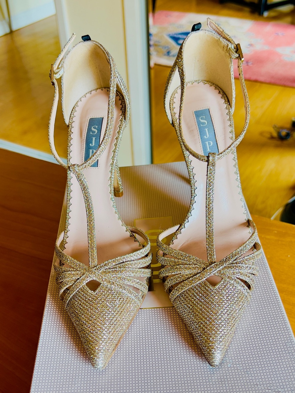 SJP by Sarah Jessica Parker Gold Glitter T-Strap Pointed Pumps